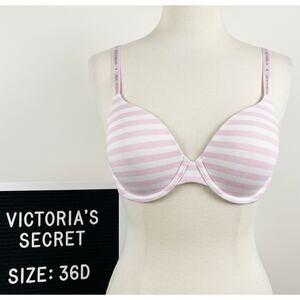 Victoria's Secret Cotton Bra 36D White Pink Stripes Underwire Perfect Coverage